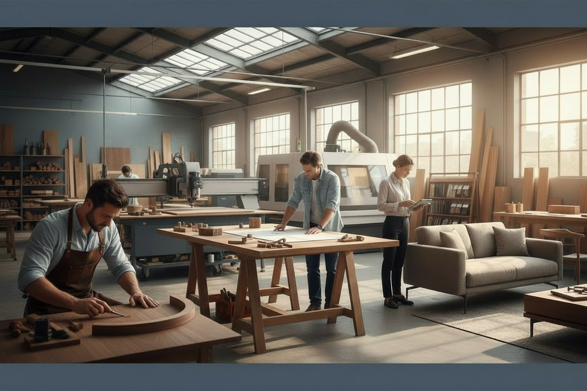 Generate a single about us section image for a website which is into turnkey interiors contracts and furniture manufacturing. It should showcase an image which clearly shows about us feature on the website. Remove the about us from the image
