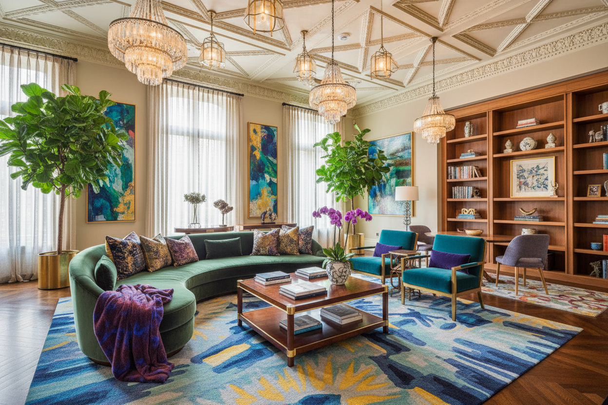 The image should be a brightly coloured full fledged interior home with amazing ceilings, lights, excellent furniture and all things should look excellent. It is going to be our hero image so it needs to be excellent